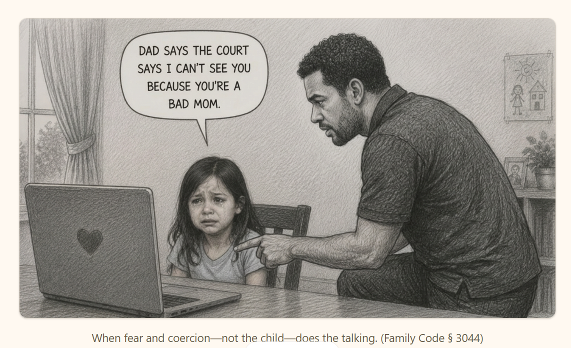Sketch of a father pointing at a crying child during a video call, saying the court says the child can't see the mother because she is a bad mom